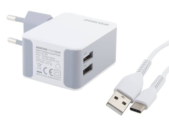 Smartphone charger AVACOM HomeNOW, USB Charger, 2x USB - 3,4A, White, USB-C Kabel